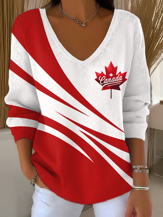 Women's Canadian Maple Leaf Print Casual V-Neck Long Sleeve Top