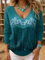 Women's Western Retro Graphic Print Casual Ribbed Top