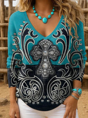 Women's Western Retro Graphic Print Casual Ribbed Top