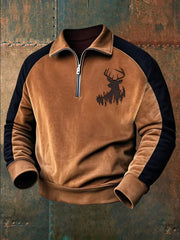 Men's Retro Western Deer Antler Print Casual Zipper Sweatshirt