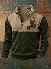 Men's Retro Western Deer Antler Print Casual Waffle Zipper Sweatshirt