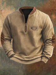 Men's Fleece Vintage Western Antler Hunting Enthusiast Stand Zipper Sweatshirt