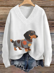 Women's Autumn Dog Art Print Long Sleeve V-neck Imitation Sweater