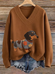 Women's Autumn Dog Art Print Long Sleeve V-neck Imitation Sweater