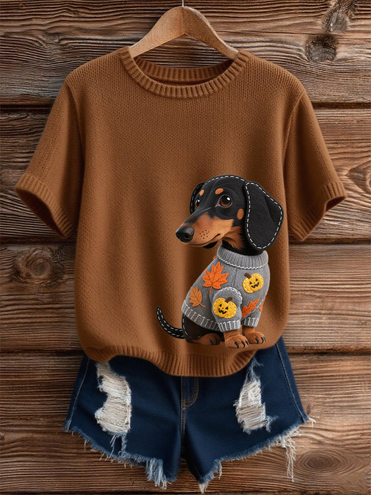 Women's Autumn Dog Art Print Short SleeveT-shirt