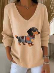 Women's Autumn Dog Art Print V-Neck Ribbed Top