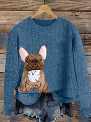 Women's Cute French Bulldog Applique Embroidery Dog Art Cozy Sweater