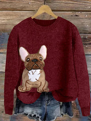 Women's Cute French Bulldog Applique Embroidery Dog Art Cozy Sweater