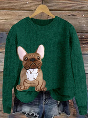 Women's Cute French Bulldog Applique Embroidery Dog Art Cozy Sweater