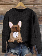 Women's Cute French Bulldog Applique Embroidery Dog Art Cozy Sweater