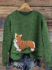 Women's Funny Christmas Corgi Dog Embroidered Cozy Sweater
