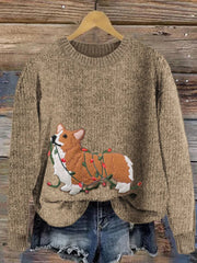 Women's Funny Christmas Corgi Dog Embroidered Cozy Sweater