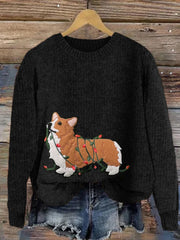 Women's Funny Christmas Corgi Dog Embroidered Cozy Sweater