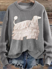 Women's Fringed Dog Print Knitted Pullover Sweater