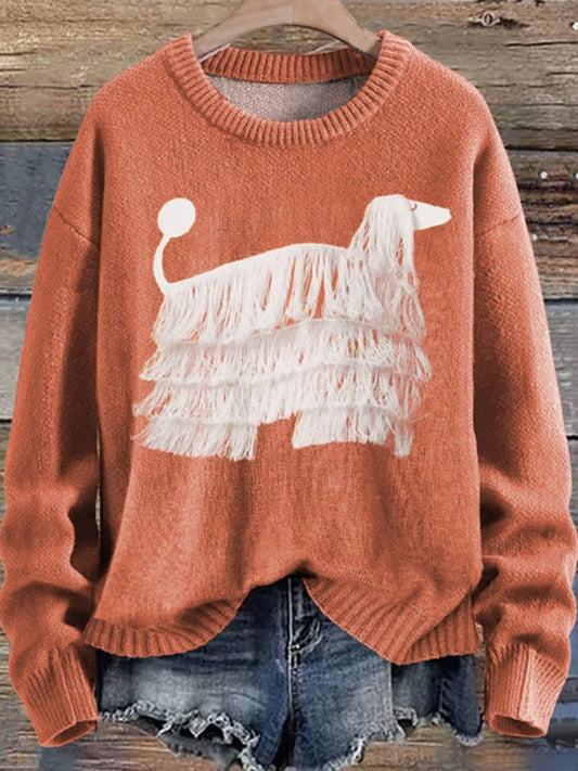 Women's Fringed Dog Print Knitted Pullover Sweater