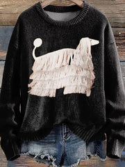 Women's Fringed Dog Print Knitted Pullover Sweater