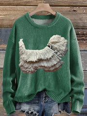 Women's Fringed Dog Print Knitted Long Sleeve Pullover Sweater