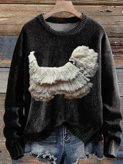 Women's Fringed Dog Print Knitted Long Sleeve Pullover Sweater