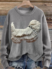 Women's Fringed Dog Print Knitted Long Sleeve Pullover Sweater