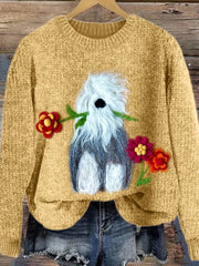 Women's Sheep Dog with Flowers Cozy Knit Sweater