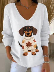 Women's Autumn Dog Art Print V-Neck Ribbed Top