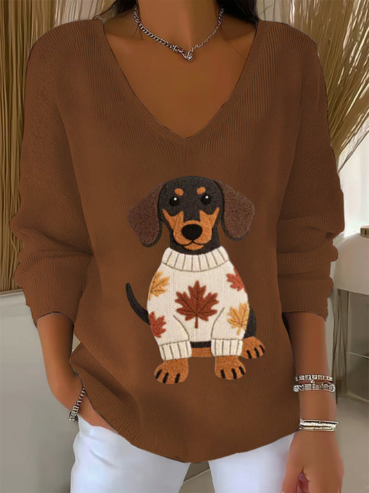 Women's Autumn Dog Art Print V-Neck Ribbed Top