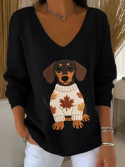 Women's Autumn Dog Art Print V-Neck Ribbed Top