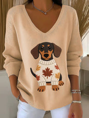 Women's Autumn Dog Art Print V-Neck Ribbed Top
