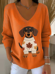 Women's Autumn Dog Art Print V-Neck Ribbed Top