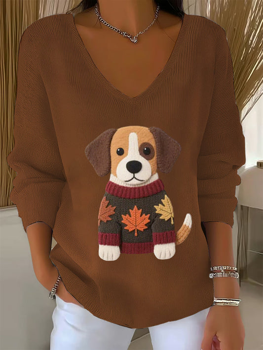 Women's Autumn Dog Art Print V-Neck Ribbed Top