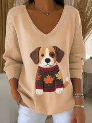 Women's Autumn Dog Art Print V-Neck Ribbed Top