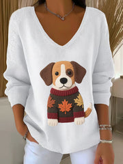 Women's Autumn Dog Art Print V-Neck Ribbed Top