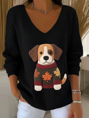 Women's Autumn Dog Art Print V-Neck Ribbed Top