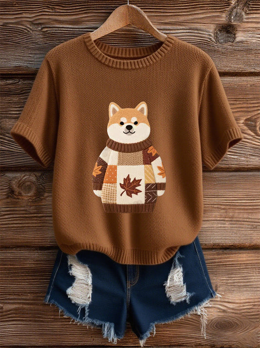 Women's Autumn Dog Art Print O-Neck Short Sleeve T-shirt