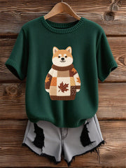 Women's Autumn Dog Art Print O-Neck Short Sleeve T-shirt