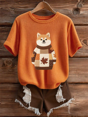 Women's Autumn Dog Art Print O-Neck Short Sleeve T-shirt