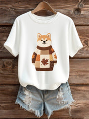 Women's Autumn Dog Art Print O-Neck Short Sleeve T-shirt