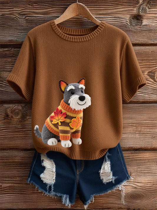 Women's Autumn Dog Art Print O-Neck Short Sleeve T-shirt