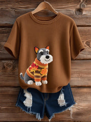 Women's Autumn Dog Art Print O-Neck Short Sleeve T-shirt