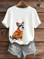 Women's Autumn Dog Art Print O-Neck Short Sleeve T-shirt