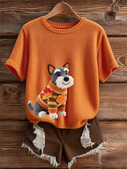 Women's Autumn Dog Art Print O-Neck Short Sleeve T-shirt