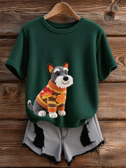 Women's Autumn Dog Art Print O-Neck Short Sleeve T-shirt