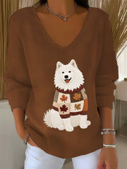 Women's Autumn Dog Art Print V-Neck Ribbed Top