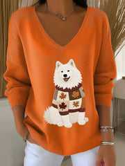 Women's Autumn Dog Art Print V-Neck Ribbed Top