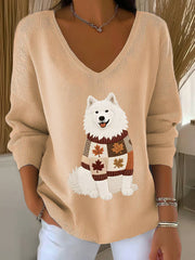 Women's Autumn Dog Art Print V-Neck Ribbed Top