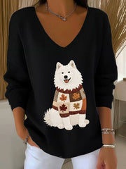Women's Autumn Dog Art Print V-Neck Ribbed Top