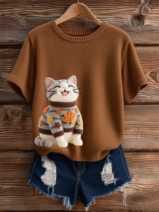 Women's Autumn Cat Art Print O-Neck Short Sleeve T-shirt