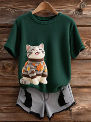 Women's Autumn Cat Art Print O-Neck Short Sleeve T-shirt