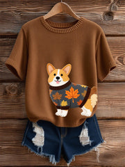 Women's Autumn Dog Art Print O-Neck Short Sleeve T-shirt