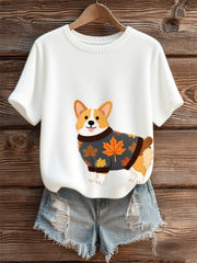 Women's Autumn Dog Art Print O-Neck Short Sleeve T-shirt